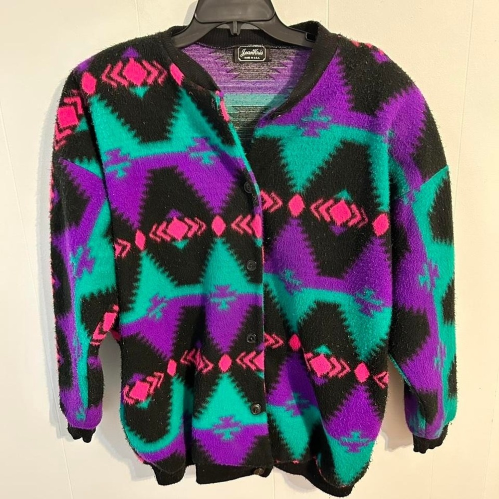 Jean Kris purple and black‎ Aztec print cardigan